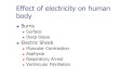 Effect of electricity on human body · 2015. 10. 19. · Effect of electricity on human body Burns Surface Deep tissue Electric Shock Muscular Contraction Asphyxia Respiratory Arrest