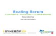For Print Out Scaling Scrum, v4.1 - July 17 2012...•Thin wrapper on Scrum •Cross functional teams Primary & Backup Scrum Master Included BA/PO, Dev, QA Included offshore team members