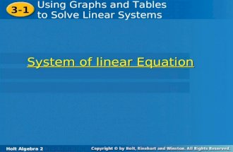 Holt Algebra 2 3-1 Using Graphs and Tables to Solve Linear Systems 3-1 Using Graphs and Tables to Solve Linear Systems Holt Algebra 2 System of linear.
