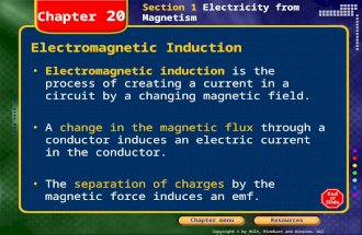 Copyright © by Holt, Rinehart and Winston. All rights reserved. ResourcesChapter menu Section 1 Electricity from Magnetism Chapter 20 Electromagnetic Induction.