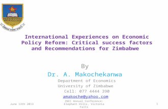 International Experiences on Economic Policy Reform: Critical success factors and Recommendations for Zimbabwe By Dr. A. Makochekanwa Department of Economics.