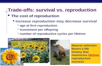 AP Biology Trade-offs: survival vs. reproduction The cost of reproduction increase reproduction may decrease survival age at first reproduction investment.