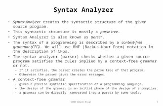 CS416 Compilr Design1 Syntax Analyzer Syntax Analyzer creates the syntactic structure of the given source program. This syntactic structure is mostly a.