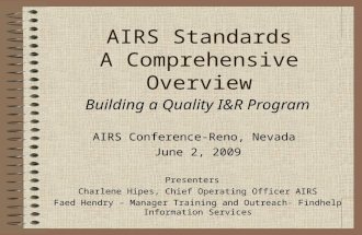 AIRS Standards A Comprehensive Overview Building a Quality I&R Program AIRS Conference-Reno, Nevada June 2, 2009 Presenters Charlene Hipes, Chief Operating.