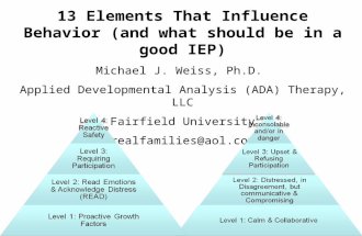 13 Elements That Influence Behavior (and what should be in a good IEP) Michael J. Weiss, Ph.D. Applied Developmental Analysis (ADA) Therapy, LLC Fairfield.