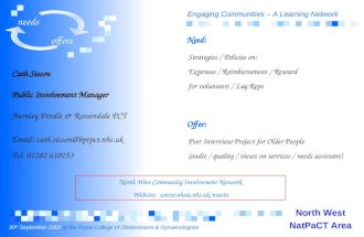 Engaging Communities – A Learning Network 30 th September 2002 at the Royal College of Obstetricians & Gynaecologists needs offers Cath Sisson Public Involvement.