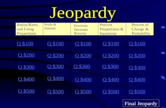 Jeopardy Ratios/Rates and Using Proportions Scale & Interest Percent Proportions & Equations Q $100 Q $200 Q $300 Q $400 Q $500 Q $100 Q $200 Q $300 Q.