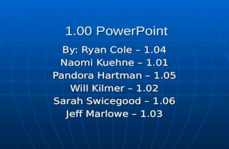 1.00 PowerPoint By: Ryan Cole – 1.04 Naomi Kuehne – 1.01 Pandora Hartman – 1.05 Will Kilmer – 1.02 Sarah Swicegood – 1.06 Jeff Marlowe – 1.03.