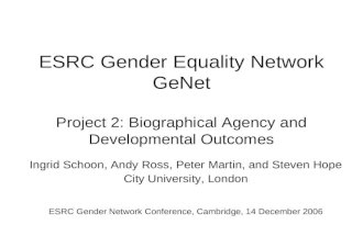 ESRC Gender Equality Network GeNet Project 2: Biographical Agency and Developmental Outcomes Ingrid Schoon, Andy Ross, Peter Martin, and Steven Hope City.