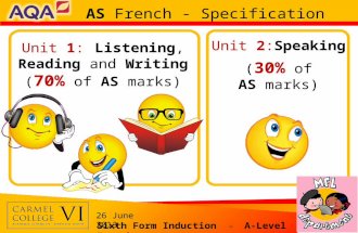 AS French - Specification Unit 1: Listening, Reading and Writing ( 70% of AS marks) Unit 2:Speaking ( 30% of AS marks) Sixth Form Induction – A-Level French.