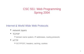 1 CSC 551: Web Programming Spring 2004 Internet & World Wide Web Protocols network layers TCP/IP domain name system, IP addresses, routing protocols HTTP.