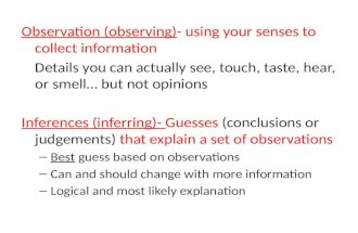Observation (observing)- using your senses to collect information Details you can actually see, touch, taste, hear, or smell… but not opinions Inferences.