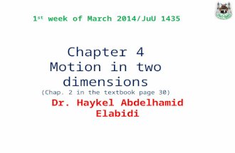 Chapter 4 Motion in two dimensions (Chap. 2 in the textbook page 30) Dr. Haykel Abdelhamid Elabidi 1 st week of March 2014/JuU 1435.