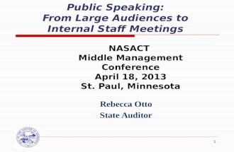 1 Public Speaking: From Large Audiences to Internal Staff Meetings Rebecca Otto State Auditor NASACT Middle Management Conference April 18, 2013 St. Paul,