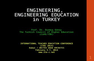 ENGINEERING, ENGINEERING EDUCATION in TURKEY Prof. Dr. Durmuş Günay The Turkish Council of Higher Education (CoHE/YÖK) 1 INTERNATIONAL TEACHER EDUCATION.