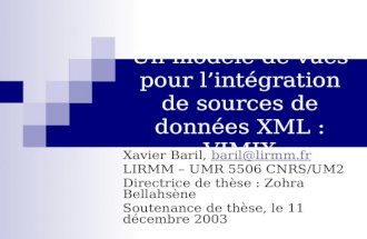Un modèle de vues pour l’intégration de sources de données XML : VIMIX Xavier Baril, baril@lirmm.frbaril@lirmm.fr LIRMM – UMR 5506 CNRS/UM2 Directrice.