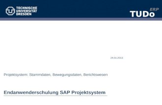 TUDo ERP 24.01.2013 Endanwenderschulung SAP Projektsystem Projektsystem: Stammdaten, Bewegungsdaten, Berichtswesen.