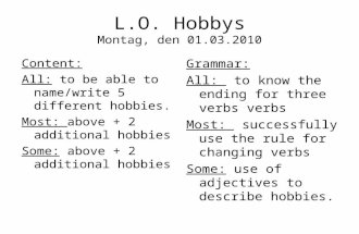 L.O. Hobbys Montag, den 01.03.2010 Content: All: to be able to name/write 5 different hobbies. Most: above + 2 additional hobbies Some: above + 2 additional.