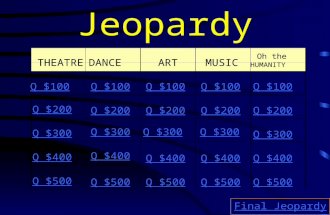 Jeopardy THEATREDANCE ARTMUSIC Oh the HUMANITY Q $100 Q $200 Q $300 Q $400 Q $500 Q $100 Q $200 Q $300 Q $400 Q $500 Final Jeopardy.