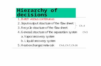 Hierarchy of decisions LEVEL I Decision: Batch vs. Continuous Favor batch operation, if 1. Production rate a ) less than 10×10 6 lb/yr (sometimes) b.