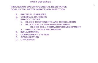 HOST DEFENSES – INNATE/NON-SPECIFIC/GENERAL RESISTANCE GOAL IS TO LIMIT/ELIMINATE ANY INFECTION A.PHYSICAL BARRIERS B.CHEMICAL BARRIERS C.PHAGOCYTOSIS.