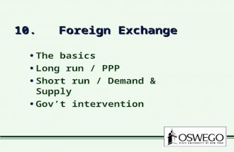 10. Foreign Exchange The basics Long run / PPP Short run / Demand & Supply Gov’t intervention The basics Long run / PPP Short run / Demand & Supply Gov’t.