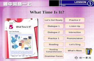 What Time Is It? Let’s Get Ready Dialogue 1 Dialogue 2 Practice 1 Reading Practice 2 Listen Up Interaction Pronunciation Let’s Sing What’s More Grammar.