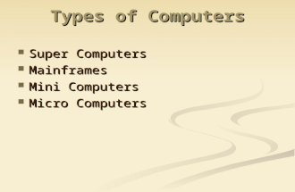 Types of Computers Super Computers Super Computers Mainframes Mainframes Mini Computers Mini Computers Micro Computers Micro Computers.