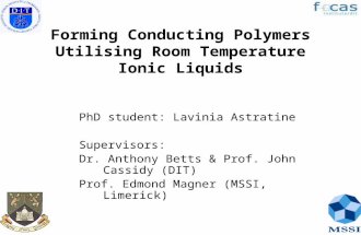 Forming Conducting Polymers Utilising Room Temperature Ionic Liquids PhD student: Lavinia Astratine Supervisors: Dr. Anthony Betts & Prof. John Cassidy.