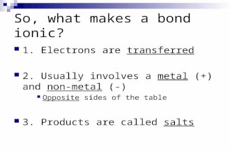 So, what makes a bond ionic? 1. Electrons are transferred 2. Usually involves a metal (+) and non- metal (-) Opposite sides of the table 3. Products are.