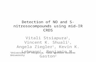 Detection of NO and S- nitrosocompounds using mid-IR CRDS Vitali Stsiapura 1, Vincent K. Shuali 1, Angela Ziegler 1, Kevin K. Lehmann 1, Benjamin M. Gaston.