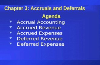 Chapter 3: Accruals and Deferrals Agenda  Accrual Accounting  Accrued Revenue  Accrued Expenses  Deferred Revenue  Deferred Expenses.
