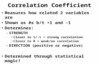 Correlation Coefficient Measures how related 2 variables are Measures how related 2 variables are Shown as #s b/t +1 and -1 Shown as #s b/t +1 and -1.