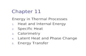 Chapter 11 Energy in Thermal Processes 1. Heat and Internal Energy 2. Specific Heat 3. Calorimetry 4. Latent Heat and Phase Change 5. Energy Transfer.