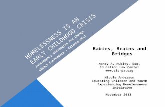 HOMELESSNESS IS AN EARLY CHILDHOOD CRISIS Babies, Brains and Bridges Nancy A. Hubley, Esq. Education Law Center  Nicole Anderson Educating.