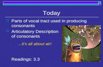 Today  Parts of vocal tract used in producing consonants  Articulatory Description of consonants Readings: 3.3...it’s all about air!
