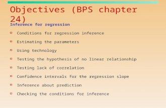 Objectives (BPS chapter 24) Inference for regression  Conditions for regression inference  Estimating the parameters  Using technology  Testing the.