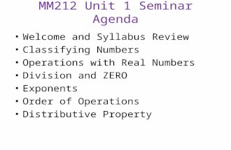 MM212 Unit 1 Seminar Agenda Welcome and Syllabus Review Classifying Numbers Operations with Real Numbers Division and ZERO Exponents Order of Operations.