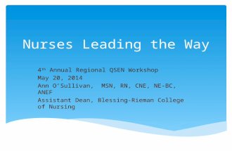 Nurses Leading the Way 4 th Annual Regional QSEN Workshop May 20, 2014 Ann O’Sullivan, MSN, RN, CNE, NE-BC, ANEF Assistant Dean, Blessing-Rieman College.