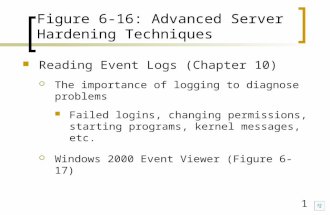 1 Figure 6-16: Advanced Server Hardening Techniques Reading Event Logs (Chapter 10)  The importance of logging to diagnose problems Failed logins, changing.