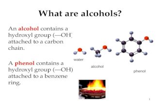 What are alcohols? An alcohol contains a hydroxyl group (—OH) attached to a carbon chain. A phenol contains a hydroxyl group (—OH) attached to a benzene.