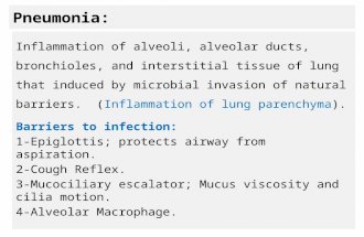 Pneumonia: Inflammation of alveoli, alveolar ducts, bronchioles, and interstitial tissue of lung that induced by microbial invasion of natural barriers.