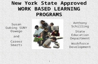 1 New York State Approved WORK BASED LEARNING PROGRAMS Susan Gubing SUNY Oswego and Career Smarts Anthony Schilling State Education Department Workforce.