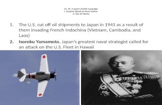 Ch. 16. 2 Japan’s Pacific Campaign I. Surprise Attack on Pearl Harbor A. Day of Infamy 1.The U.S. cut off oil shipments to Japan in 1941 as a result of.