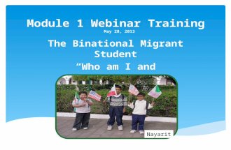 Module 1 Webinar Training May 28, 2013 The Binational Migrant Student “Who am I and what do I need to succeed?” Nayarit.