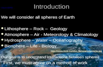 Introduction We will consider all spheres of Earth Lithosphere – Rock – Geology Atmosphere – Air - Meteorology & Climatology Hydrosphere – Water – Oceanography.
