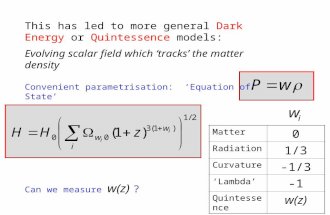 This has led to more general Dark Energy or Quintessence models: Evolving scalar field which ‘tracks’ the matter density Convenient parametrisation: ‘Equation.