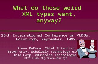 1 What do those weird XML types want, anyway? 25th International Conference on VLDBs, Edinburgh, September, 1999 Steve DeRose, Chief Scientist Brown Univ.