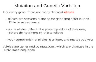 Mutation and Genetic Variation For every gene, there are many different alleles - alleles are versions of the same gene that differ in their DNA base sequence.