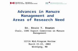 Advances in Manure Management and Areas of Research Need Dr. Bruce T. Bowman Chair, CARC Expert Committee on Manure Management CCFIA Mid-Program Review.